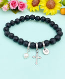 Natural Lava Rock with Pearl and Cross Bracelet, Gold or Silver, N7090