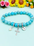 Natural Howlite with Pearl and Cross Bracelet, Gold or Silver, N7092