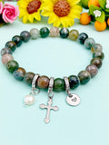Natural Indian Agate with Pearl and Cross Bracelet, Gold or Silver, N7093
