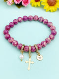 Synthetic Regalite with Pearl and Cross Bracelet, Gold or Silver, N7094