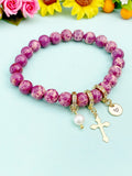 Synthetic Regalite with Pearl and Cross Bracelet, Gold or Silver, N7094