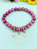 Synthetic Regalite with Pearl and Cross Bracelet, Gold or Silver, N7094