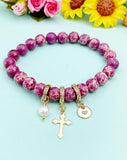 Synthetic Regalite with Pearl and Cross Bracelet, Gold or Silver, N7094