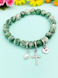 Natural Green Spot Jasper with Pearl and Cross Bracelet, Gold or Silver, N7095