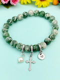 Natural Green Spot Jasper with Pearl and Cross Bracelet, Gold or Silver, N7095