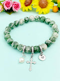 Natural Green Spot Jasper with Pearl and Cross Bracelet, Gold or Silver, N7095