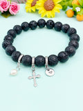 Natural Lava Rock with Pearl and Cross Bracelet, 10.5mm, Gold or Silver, N7096