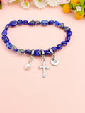 Natural Lapis Lazuli with Pearl and Cross Bracelet, N7098