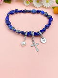 Natural Lapis Lazuli with Pearl and Cross Bracelet, N7098