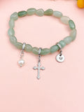 Natural Green Aventurine with Pearl and Cross Bracelet, N7099