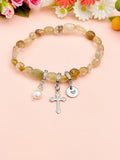 Natural Rutilated Quartz with Pearl and Cross Bracelet, N7100