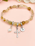 Natural Rutilated Quartz with Pearl and Cross Bracelet, N7100