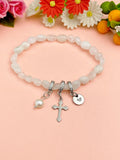 Natural White Moonstone with Pearl and Cross Bracelet, N7101