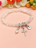 Natural White Moonstone with Pearl and Cross Bracelet, N7101