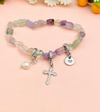 Natural Fluorite with Pearl and Cross Bracelet, N7103