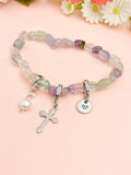 Natural Fluorite with Pearl and Cross Bracelet, N7103
