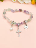 Natural Fluorite with Pearl and Cross Bracelet, N7103
