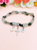Natural Green Rutilated Quartz with Pearl and Cross Bracelet, N7104