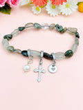 Natural Green Rutilated Quartz with Pearl and Cross Bracelet, N7104