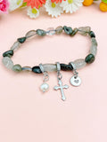 Natural Green Rutilated Quartz with Pearl and Cross Bracelet, N7104