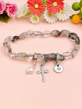 Natural Lodolite Quartz with Pearl and Cross Bracelet, N7106