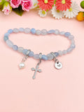 Natural Aquamarine with Pearl and Cross Bracelet, N7108