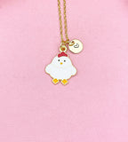 Gold Chicken Pendant Necklace, Enamel Rooster Charm, Farm Animal Jewelry