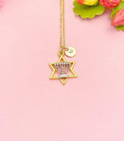 Menorah Star of David Necklace, Gold Faith Pendant Jewelry Gift, N7148