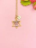 Menorah Star of David Necklace, Gold Faith Pendant Jewelry Gift, N7148