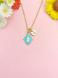 Gold Virgin Mary Blue Pendant Necklace, Religious Faith Jewelry Gift for Her, N7167B