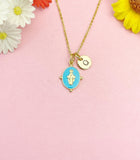 Gold Virgin Mary Blue Pendant Necklace, Religious Faith Jewelry Gift for Her, N7167B
