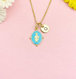 Gold Virgin Mary Blue Pendant Necklace, Religious Faith Jewelry Gift for Her, N7167B