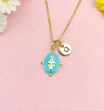 Gold Virgin Mary Sky Blue Pendant Necklace, Religious Faith Jewelry Gift for Her, N7167SB