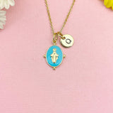 Gold Virgin Mary Sky Blue Pendant Necklace, Religious Faith Jewelry Gift for Her, N7167SB