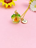Gold Persimmon Necklace, Handmade Lampwork Orange Persimmon Charm, Personized Customized Initial Necklace, N5308
