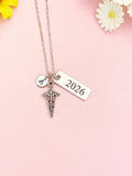 Silver Caduceus Charm Necklace, Graduation Year Gift, N4965Y