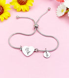 Sweet Pea Flower Heart Charm Silver or Gold Bracelet – Dainty Floral Gift Jewelry, N634S