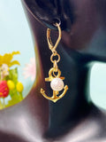 Gold Anchor Freshwater Pearl Drop Earrings, N866G