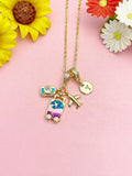 Gold Camera Luggage Airplane Necklace, Travel Charm Pendant Gift, N7204