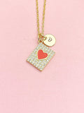 Gold CZ Rectangle with Red Heart Necklace, Dainty Cubic Zirconia Pendant Gift, N7208R