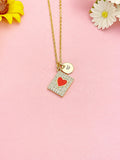 Gold CZ Rectangle with Red Heart Necklace, Dainty Cubic Zirconia Pendant Gift, N7208R