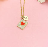 Gold CZ Rectangle with Red Heart Necklace, Dainty Cubic Zirconia Pendant Gift, N7208R