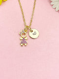 Gold Little Girl Pink Dress CZ Necklace, Dainty Daughter Pendant Gift, N7209