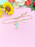 Gold Blue Cat Charm Bracelet, Initial Disc, Personalized Pet Lover Gift