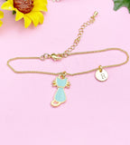 Gold Blue Cat Charm Bracelet, Initial Disc, Personalized Pet Lover Gift