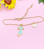 Gold Blue Cat Charm Bracelet, Initial Disc, Personalized Pet Lover Gift