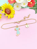 Gold Blue Cat Charm Bracelet, Initial Disc, Personalized Pet Lover Gift