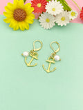 Gold Anchor Freshwater Pearl Drop Earrings, N866G