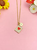 Gold CZ Rectangle with Red Heart Necklace, Dainty Cubic Zirconia Pendant Gift, N7208R