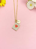 Gold CZ Rectangle with Red Heart Necklace, Dainty Cubic Zirconia Pendant Gift, N7208R